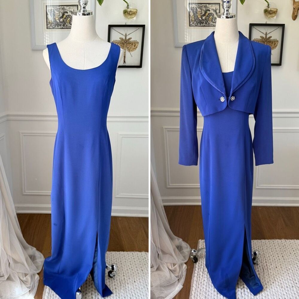 Vintage 90s Black Tie Oleg Cassini Cobalt Blue 2pc Column Gown Dress Bolero Jack